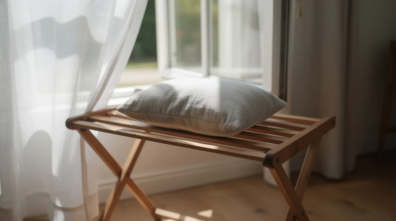 A small microbead pillow is laid flat on a wooden drying rack near an open window, allowing air to circulate and dry it completely. The soft pillow, designed for travel, is positioned to prevent excess moisture and maintain its original shape.
