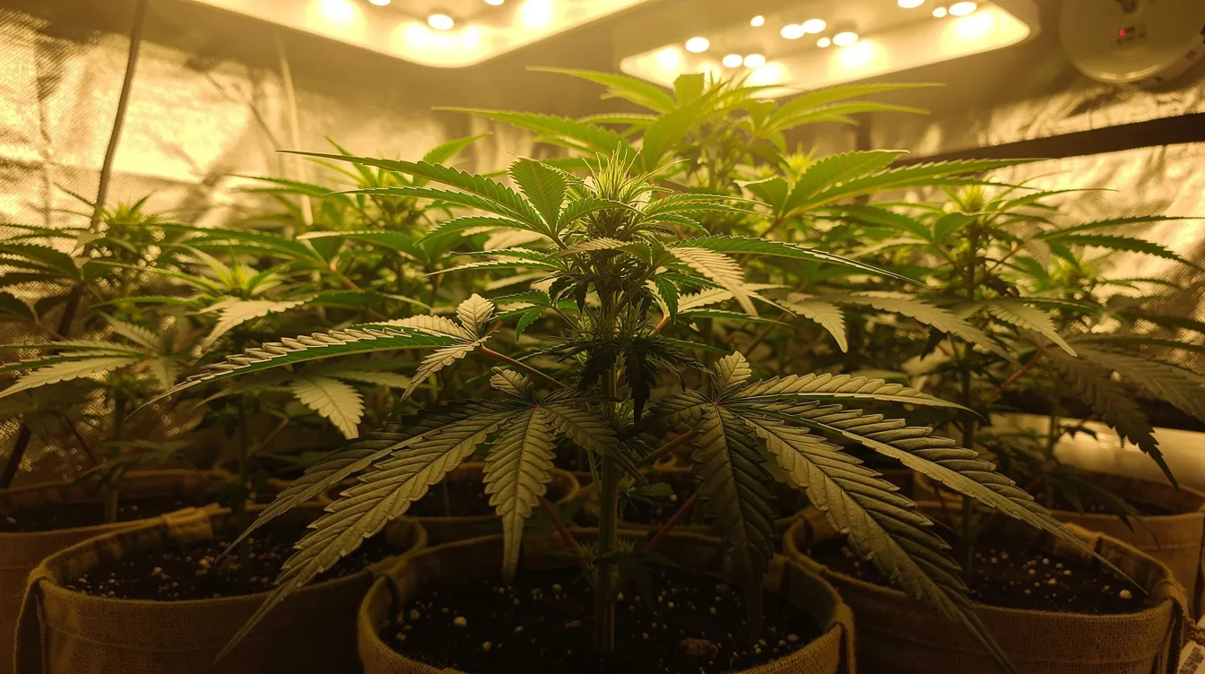 The image depicts a vibrant indoor garden filled with lush green hemp plants growing under warm light, showcasing a dense canopy of leaves. The scene captures the healthy buds of the pink panther strain, hinting at its potential uplifting effects and complex aroma.