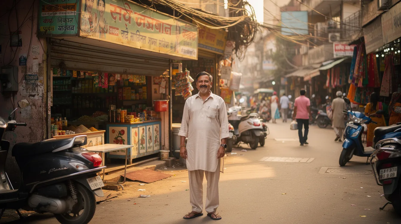 09994458 73b9 4584 8e41 fda85ed6f96c A small business owner stands proudly outside their shop in a bustling Indian market street, showcasing the vibrant atmosphere of small and micro enterprises. This scene highlights the importance of financial assistance through schemes like the Pradhan Mantri Mudra Yojana, which aims to support the growth of businesses and micro units development in India.