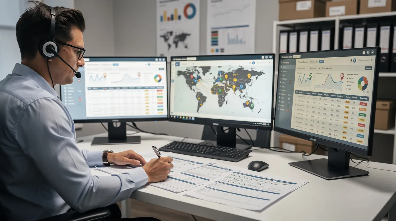A professional logistics coordinator is seated at a desk, intently reviewing documents while multiple computer monitors display real-time tracking data related to vehicle transport operations. This scene highlights the advanced transport systems utilized by leading vehicle transport providers to ensure successful deliveries and optimized auto logistics for financial institutions and major dealerships.
