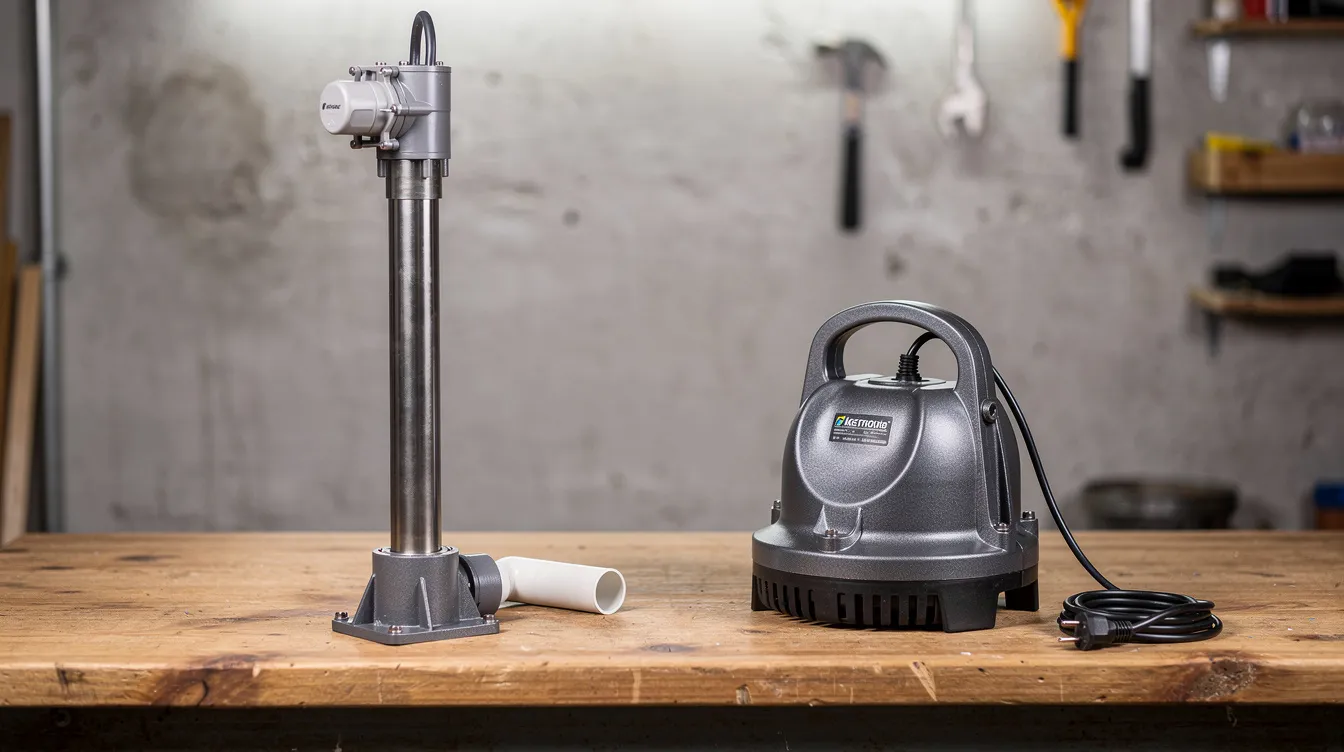 The image shows two different styles of sump pumps placed side by side on a workbench: a tall pedestal type designed for high-capacity drainage systems and a compact submersible type suitable for smaller installations. Each pump serves a crucial function in managing excess water and preventing issues like leaks or clogged pipes in households.
