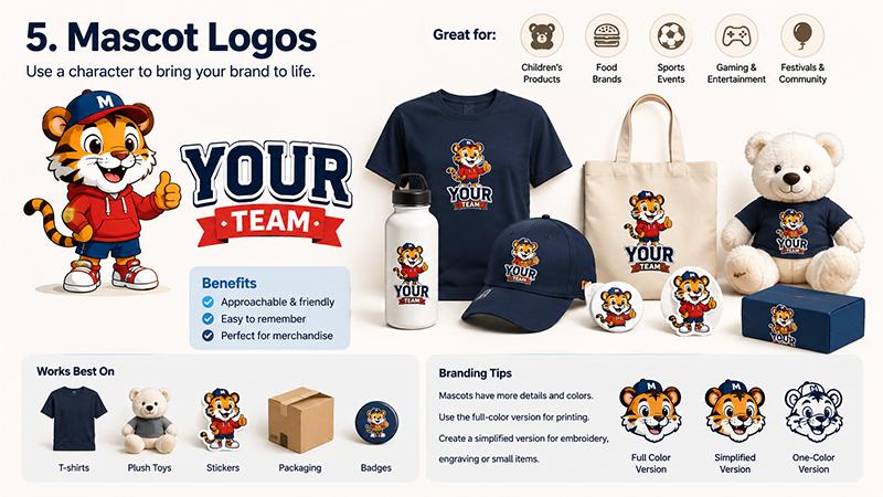 Mascot logo example used on T-shirts, cap, tote bag, plush toy, bottle, badge and packaging