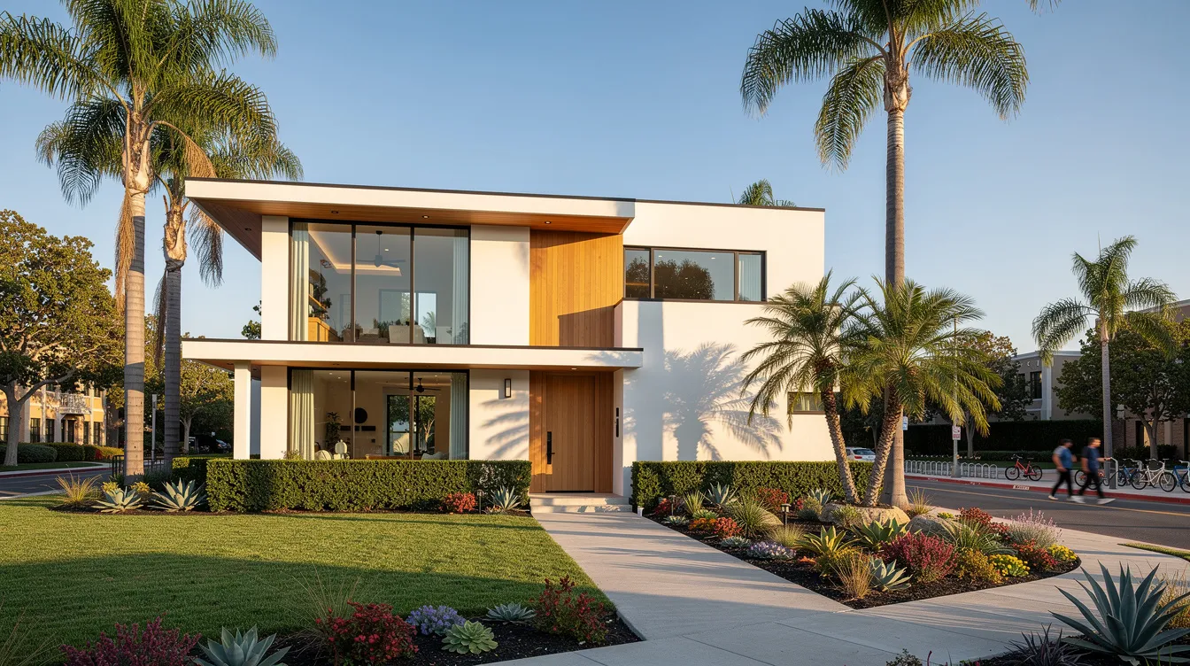 The image depicts a modern California home situated near a university campus, surrounded by palm trees and featuring a well-maintained yard, ideal for attracting rental income. This property exemplifies the appeal of California rental properties for real estate investors looking to capitalize on the local rental demand.