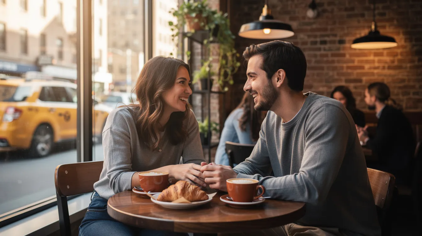 A couple enjoys a fun date at a cozy coffee shop in NYC, sharing laughter and deep conversations, highlighting the importance of building a healthy relationship and practicing self-compassion during their healing journey. The warm atmosphere and their smiles reflect a moment of joy and connection amidst life's challenges.
