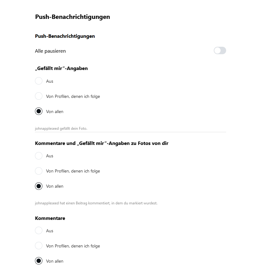 Push-Benachrichtigungen können Sie auch wahlweise für Likes oder Kommentar ausschalten.