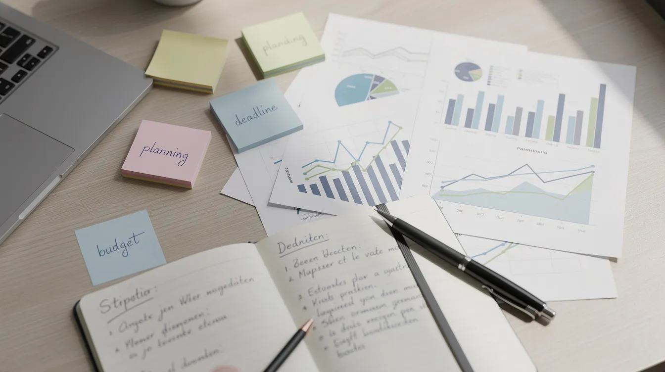 Een bureau vol documenten, grafieken en sticky notes creëert een zakelijke planning sfeer, ideaal voor het schrijven van een businessplan. De verspreide materialen suggereren een actieve brainstormsessie over strategieën en doelen voor jouw bedrijf.