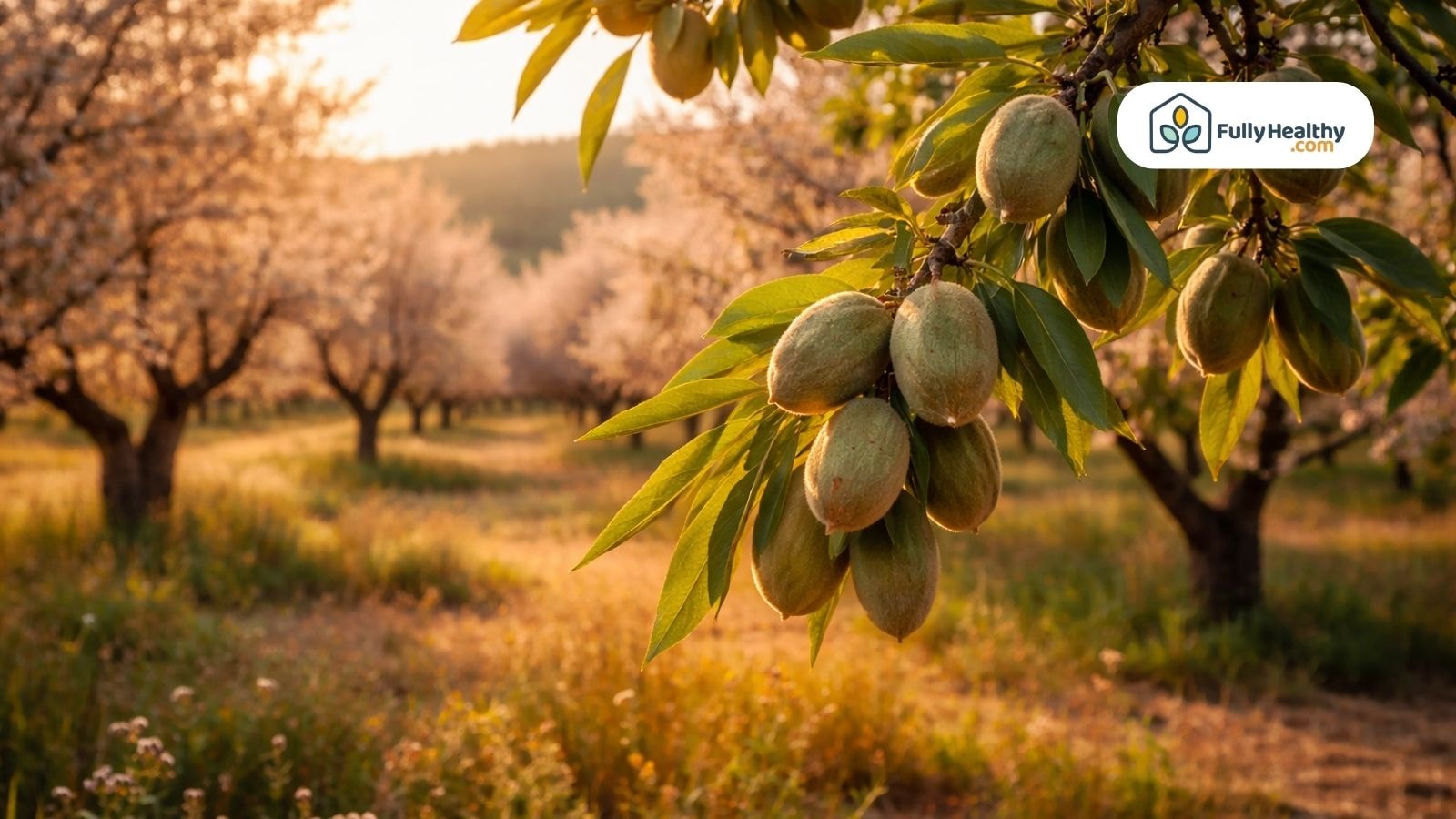 Almonds hanging on tree branches in sunset orchard