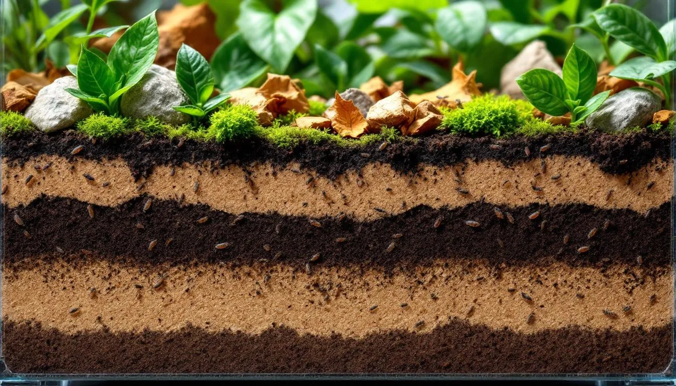 In the cross-section of a bioactive terrarium, dwarf white isopods are seen burrowing through deeper substrate layers, while tropical white springtails are foraging on the surface near cork bark and decaying organic matter. This environment showcases a diverse ecosystem with leaf litter, sphagnum moss, and organic detritus, creating a humid habitat ideal for both isopods and springtails.