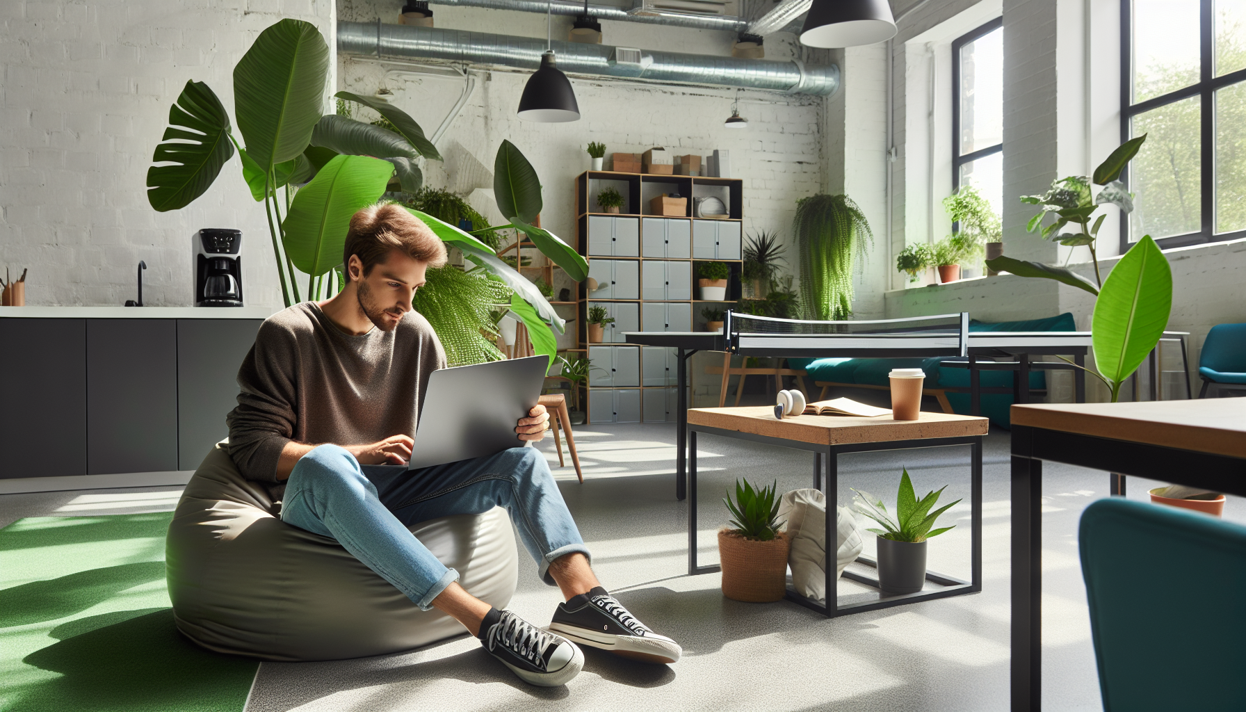 A person working on a laptop in a flexible environment