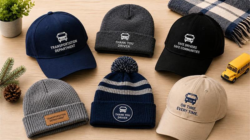 Embroidered caps and winter beanies customized for bus driver appreciation