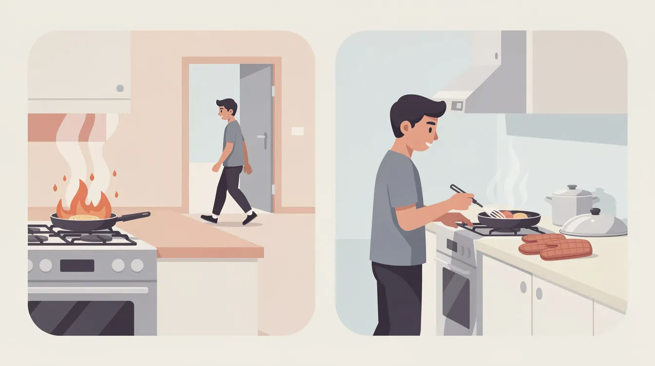 A person cooking in a kitchen, demonstrating the importance of staying in the kitchen while cooking to ensure safety.