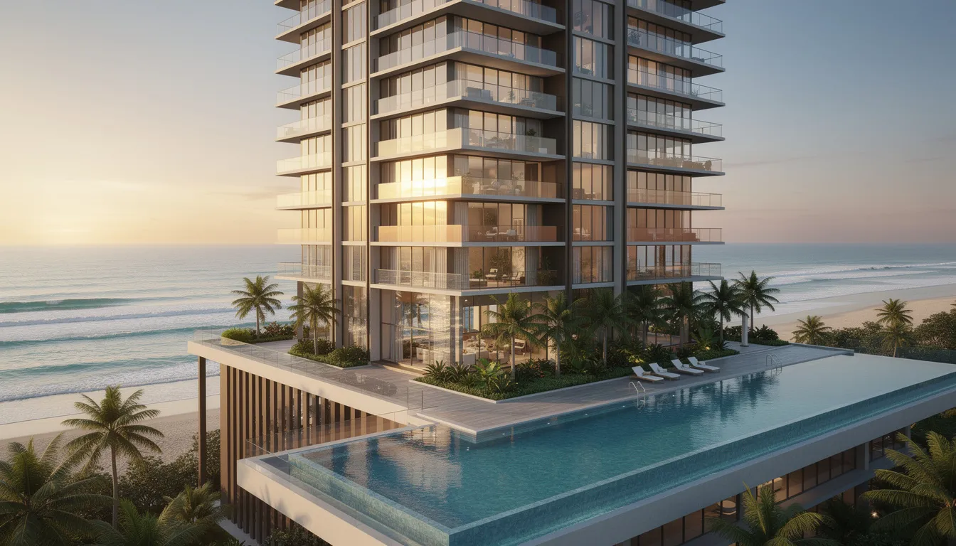 A modern luxury condominium tower features expansive floor-to-ceiling windows that provide stunning views of the ocean, showcasing the allure of Miami real estate. This prime property exemplifies the high demand for Miami condos, making it an attractive investment opportunity in South Florida.