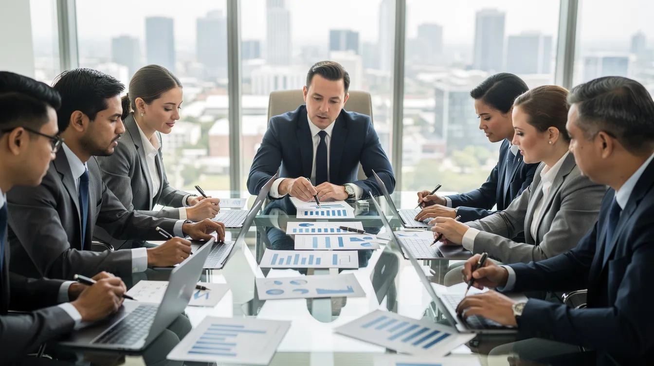 In an office setting, business professionals are intently reviewing financial documents related to employee retention credits, discussing how small businesses can qualify for the ERC program to maximize their payroll tax benefits. The atmosphere reflects a focus on client satisfaction and streamlined processes as they work to ensure accurate documentation for tax returns and ERC claims.