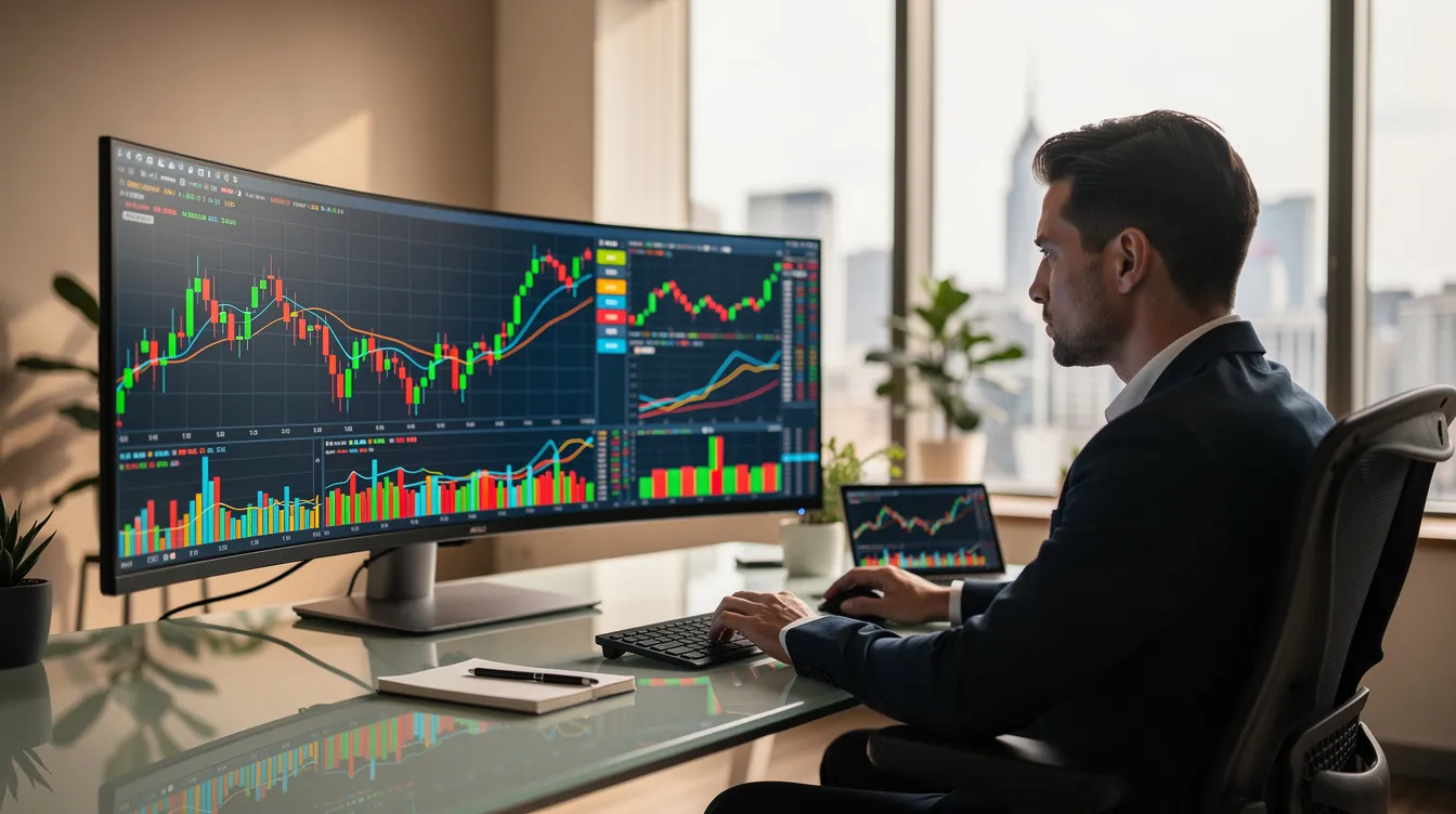 A person is seated in a modern office, intently analyzing vibrant financial charts displayed on a large widescreen monitor, which highlights key insights from current and historical data. This scene illustrates the use of AI tools in accounting, emphasizing the importance of data analysis for accounting professionals in improving efficiency and client communication.