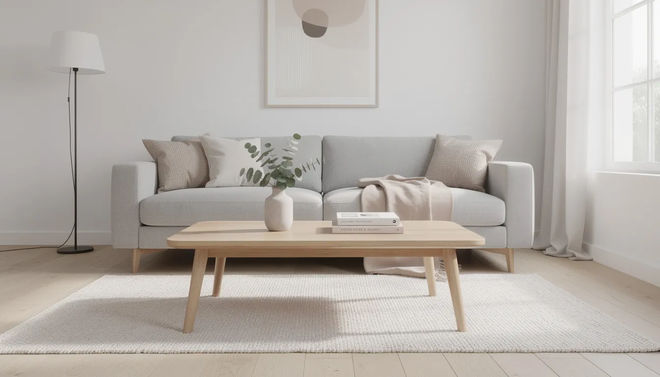 Ett modernt skandinaviskt vardagsrum med en ljusgrå soffa och ett soffbord i trä som passar bra in i rummet. Soffbordet är lågt och skapar en stilren atmosfär, vilket gör det idealiskt för både stora och mindre rum.