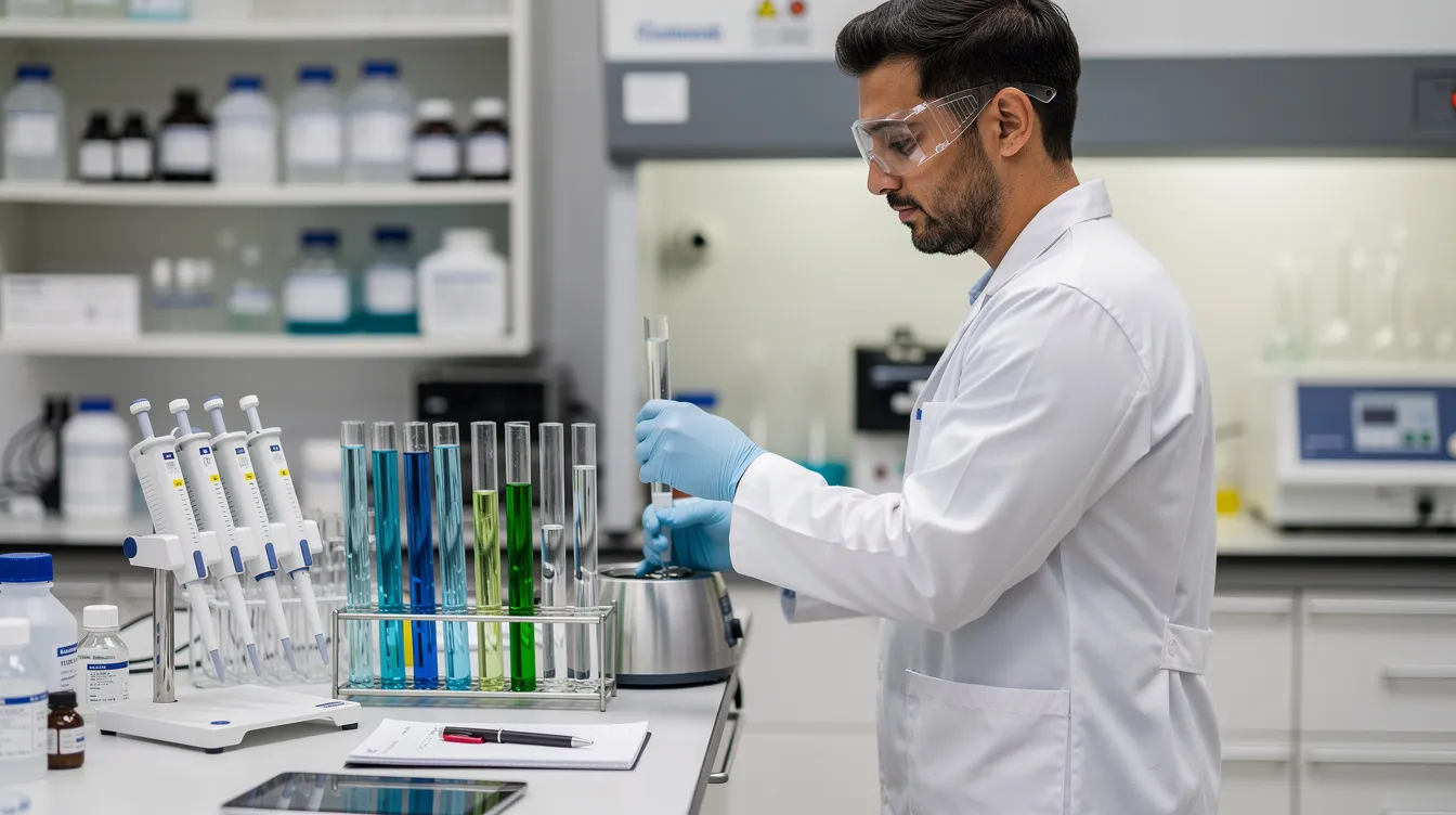 A laboratory technician in a white coat is carefully examining test tubes and various scientific equipment, focusing on experiments related to cellular health and energy metabolism. The setting suggests a study on the effects of nicotinamide riboside supplementation for supporting healthy aging and mitochondrial energy production.