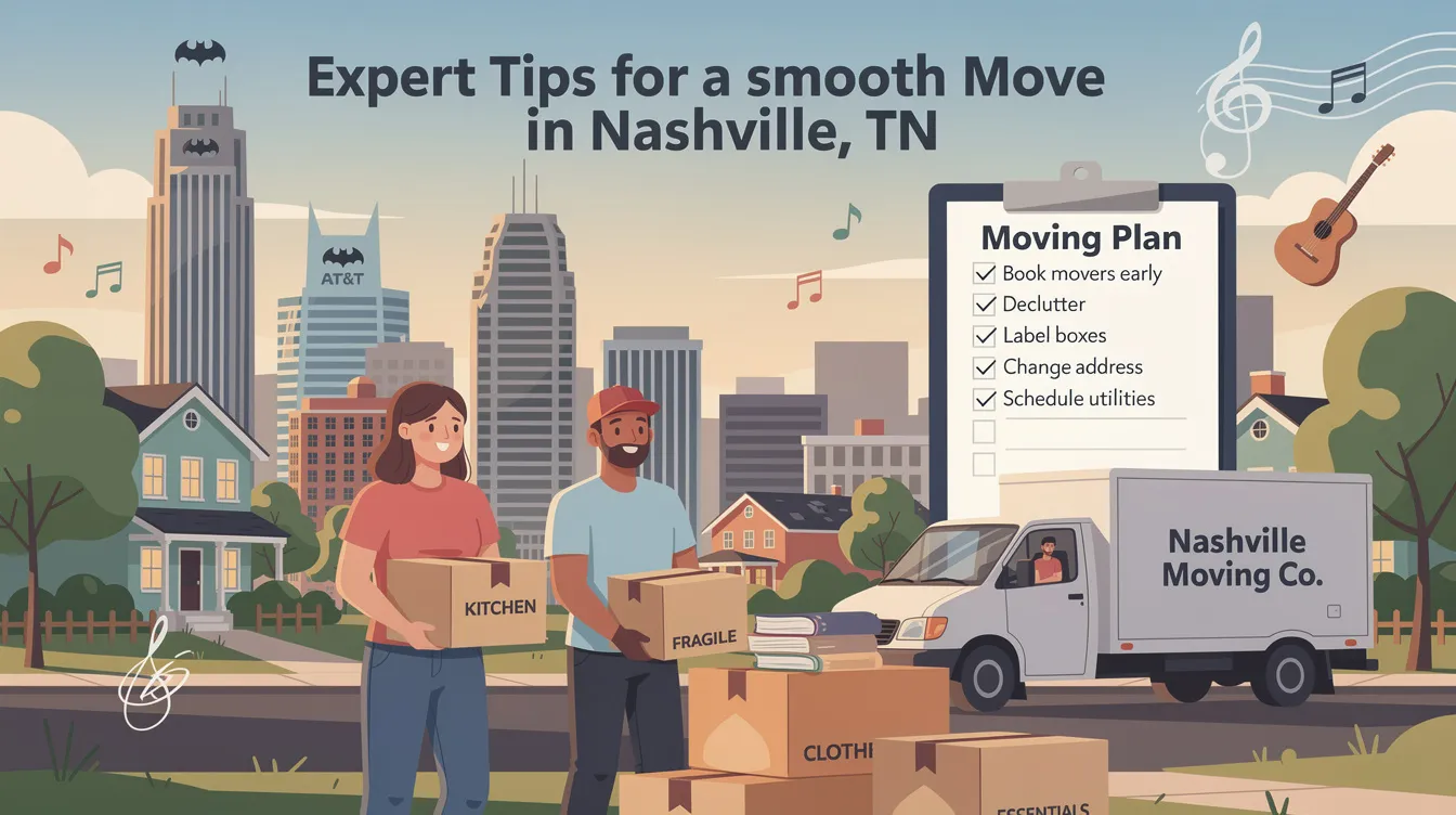 The image features a checklist of expert tips for a smooth move in Nashville, TN, highlighting essential advice for local and long distance moves. It emphasizes the importance of hiring professional movers, planning ahead, and managing moving costs to ensure a stress-free transition to your new home in Music City.