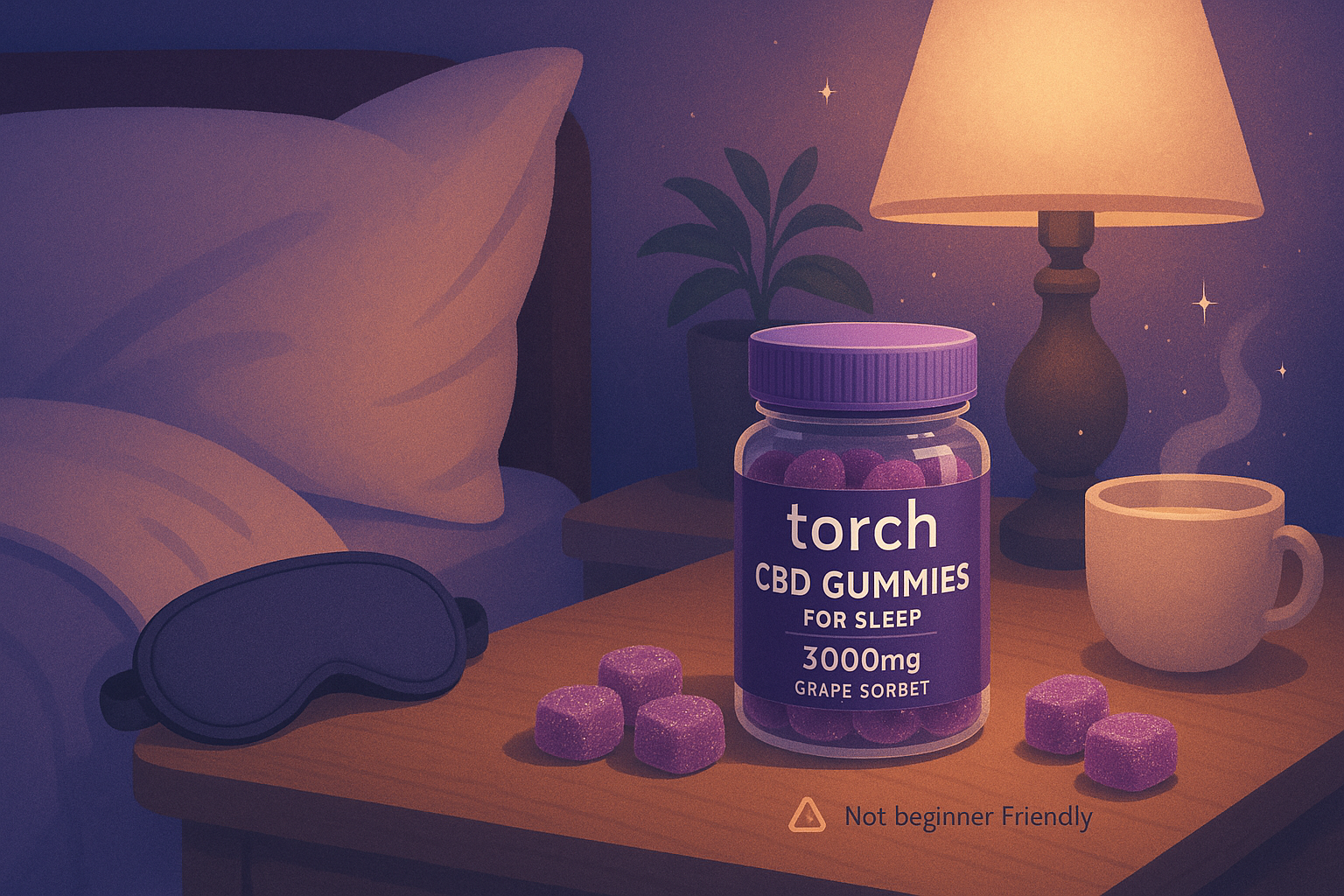 Torch CBD Gummies jar on a nightstand with relaxing bedtime elements like pillow, sleep mask, and warm light.