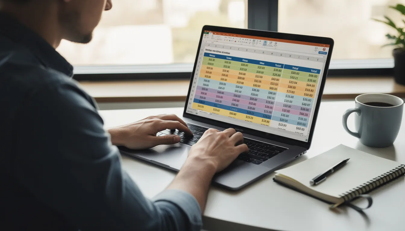 Una persona está trabajando en un portátil, donde se pueden ver hojas de cálculo de Excel en la pantalla, mostrando datos de inventario y seguimiento de productos. La imagen refleja un entorno de trabajo enfocado en la gestión de existencias y análisis de información.