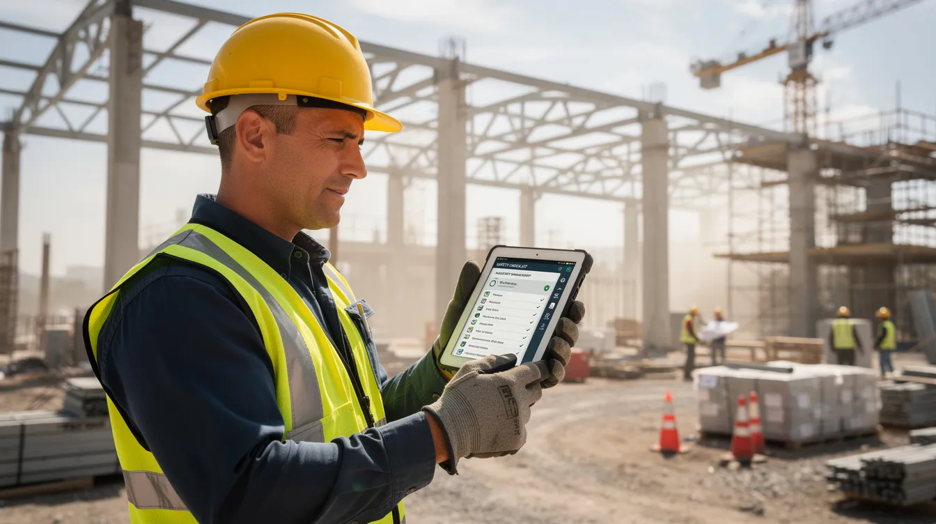A field supervisor wearing a hard hat is using a tablet to document safety findings on a commercial construction site, emphasizing the importance of workplace safety and incident reporting to maintain a strong safety reputation. This proactive approach helps identify safety issues and supports a positive safety culture among the workforce.