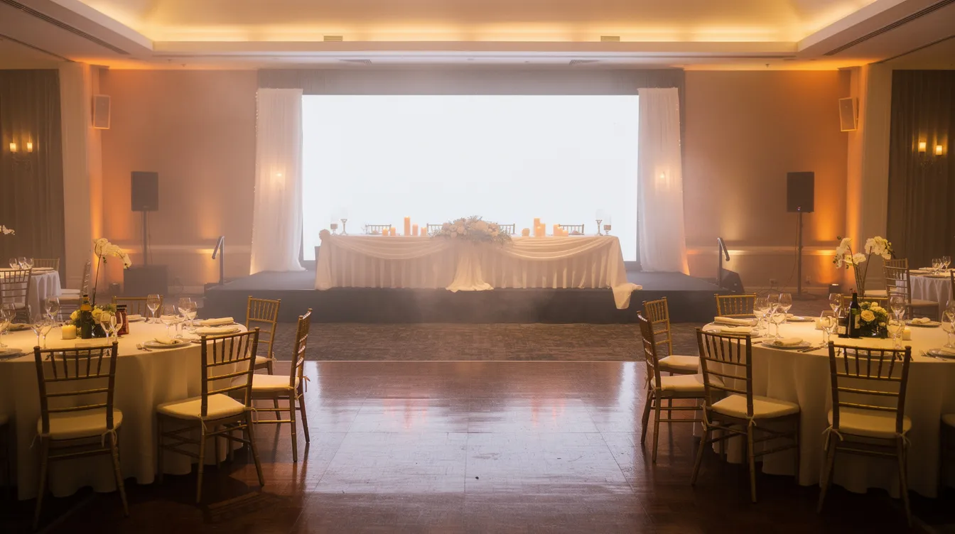 The image depicts a spacious ballroom illuminated with warm lighting, featuring a large LED video wall glowing behind a beautifully decorated head table. Round guest tables are arranged in the foreground, creating an inviting atmosphere for the wedding reception.