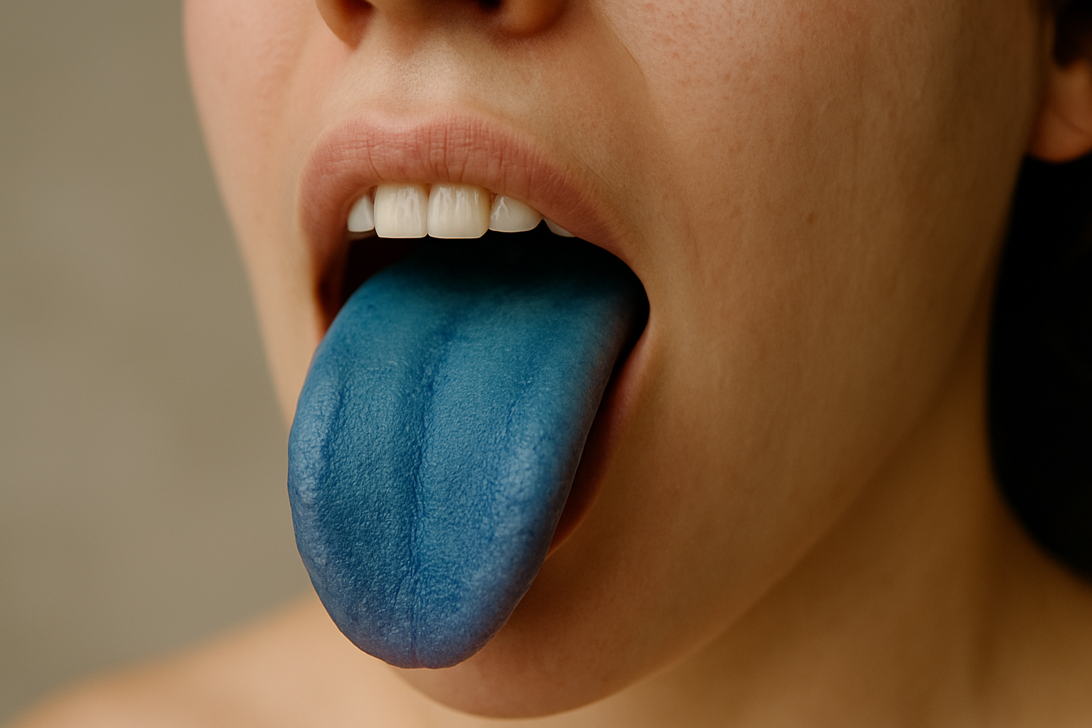 Blåtunge: Når Fargen Forteller Mer Enn Du Skulle Tro 13 Nærbilde av ansikt med munnen åpen og blå tunge ute, viser uvanlig farge som kan indikere helseproblemer eller reaksjoner.