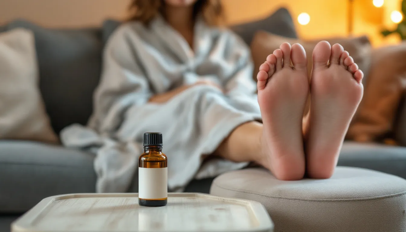 In the image, a pair of feet is elevated, resting comfortably, with a bottle of essential oil placed nearby, suggesting natural remedies for treating a sprained ankle. The scene evokes a sense of relaxation and healing, ideal for alleviating pain and reducing swelling associated with ankle injuries.