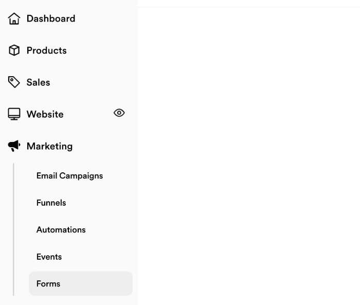 Kajabi main dashboard with Marketing and then Forms selected 