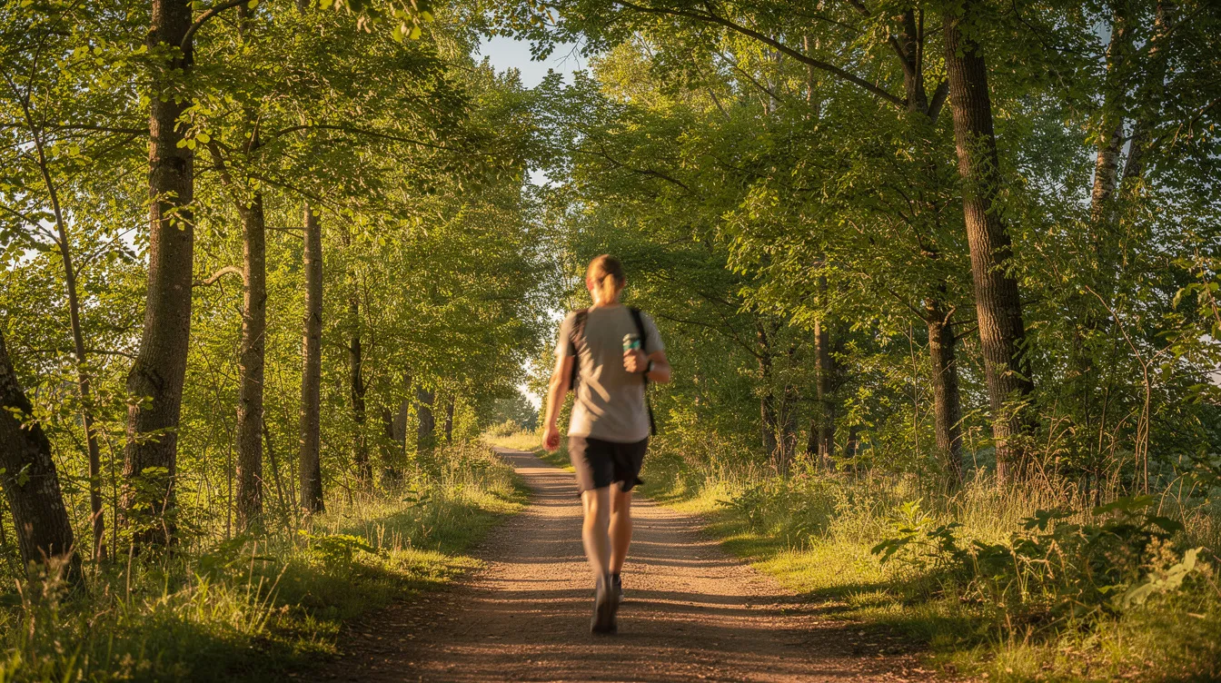 A person is walking briskly along a sunny, tree-lined trail, embodying a healthy lifestyle that supports heart health and helps lower cholesterol levels. The scene emphasizes the importance of regular exercise in reducing bad LDL cholesterol and improving overall cardiovascular health.