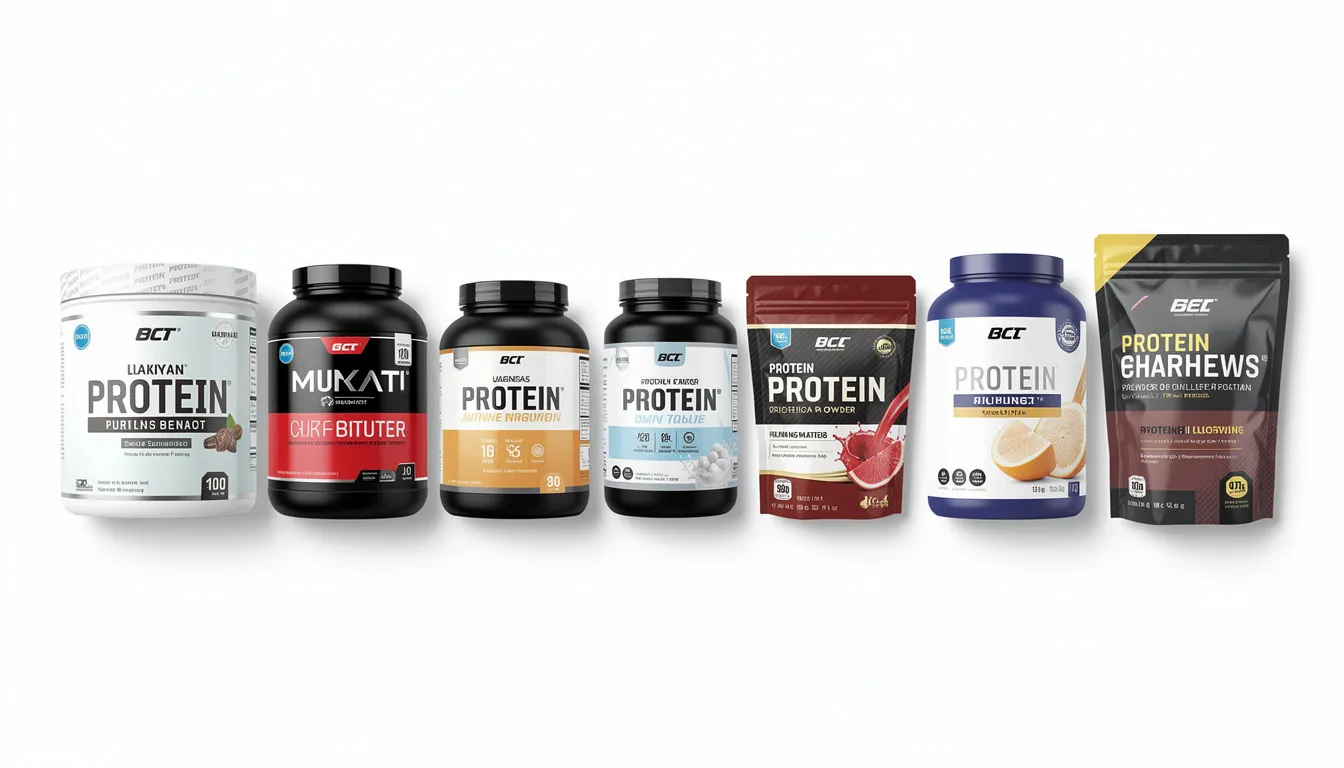 The image displays a side-by-side comparison of various protein powder brands, including options like whey protein isolate and 1st Phorm Phormula 1, arranged neatly on a clean white surface. Each container showcases different flavors and nutritional information, emphasizing their protein content and suitability for muscle growth and recovery.