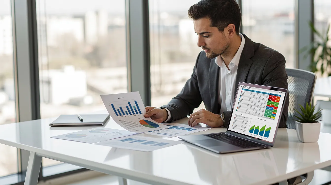 A business owner is seated at a modern desk, intently reviewing financial documents and spreadsheets, which are essential for managing their franchise business. This scene captures the entrepreneurial journey of an individual focused on navigating franchise opportunities and ensuring the success of their established business.