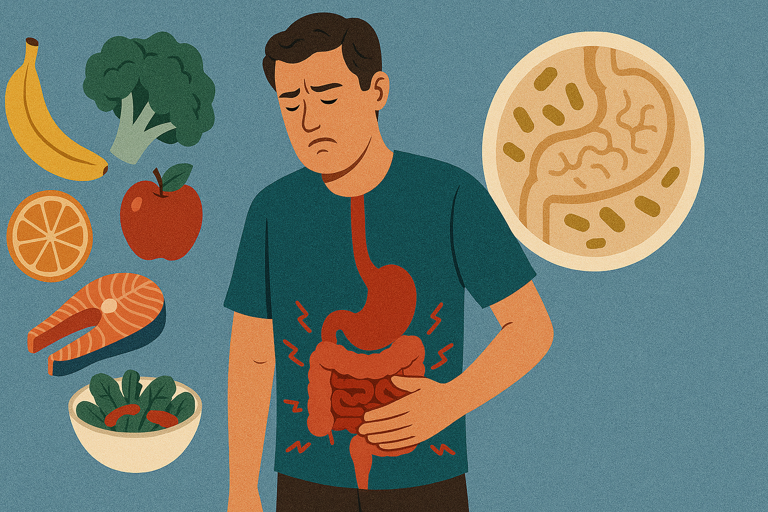 "Mann holder magen med smerte, omgitt av matvarer og illustrasjon av tarm som viser tegn på malabsorpsjon i kroppen." malabsorpsjon tarm nedsatt opptak andre årsaker vitamin cøliaki dersom utredning tynntarmen ulike store regel deler generell laktoseintoleranse kosten samt blodprøver