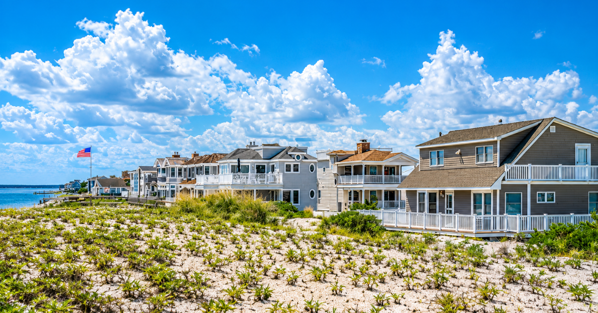 Spacious beach house deck with comfortable seating overlooking sand dunes and gentle ocean waves, perfect for a family getaway in Beach Haven on Long Beach Island.