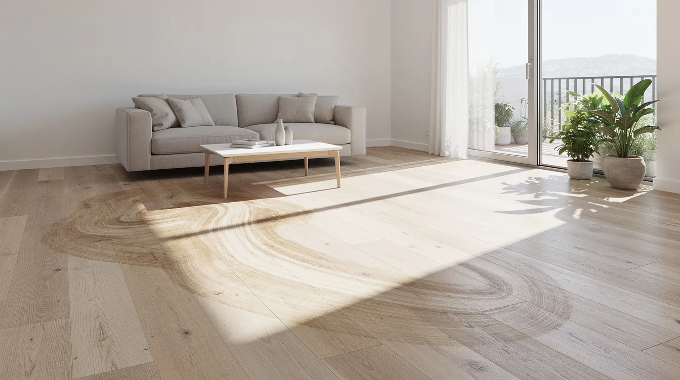 The image depicts a bright and airy living room featuring hardwood floors with subtle traffic lane wear patterns illuminated by sunlight streaming through a sliding glass door. This inviting space highlights the importance of professional cleaning services to maintain the quality and condition of high traffic areas in a home.