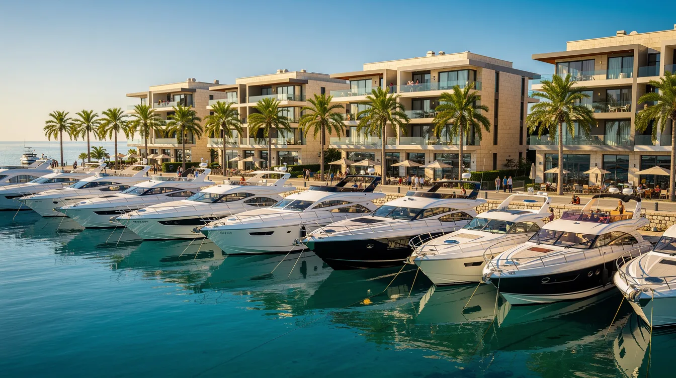 The image depicts a vibrant Mediterranean marina in Cyprus, showcasing luxurious yachts docked alongside modern waterfront apartments, all framed by swaying palm trees under a clear blue sky. This picturesque setting is ideal for digital nomads and remote workers seeking a favourable business environment while living in Cyprus.