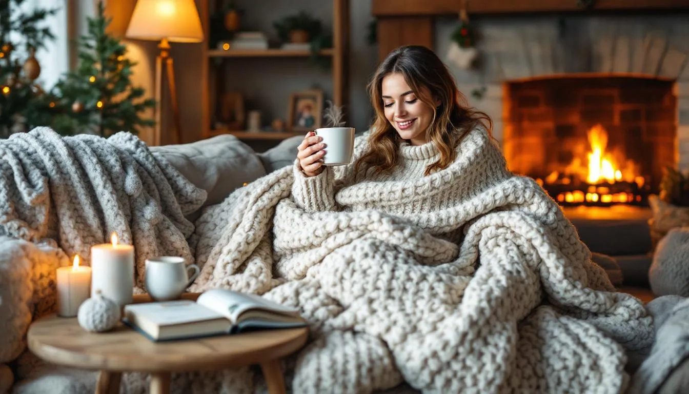 A cozy scene depicting a homebody woman enjoying her favorite activities, representing the concept of finding the perfect gift for a homebody woman.
