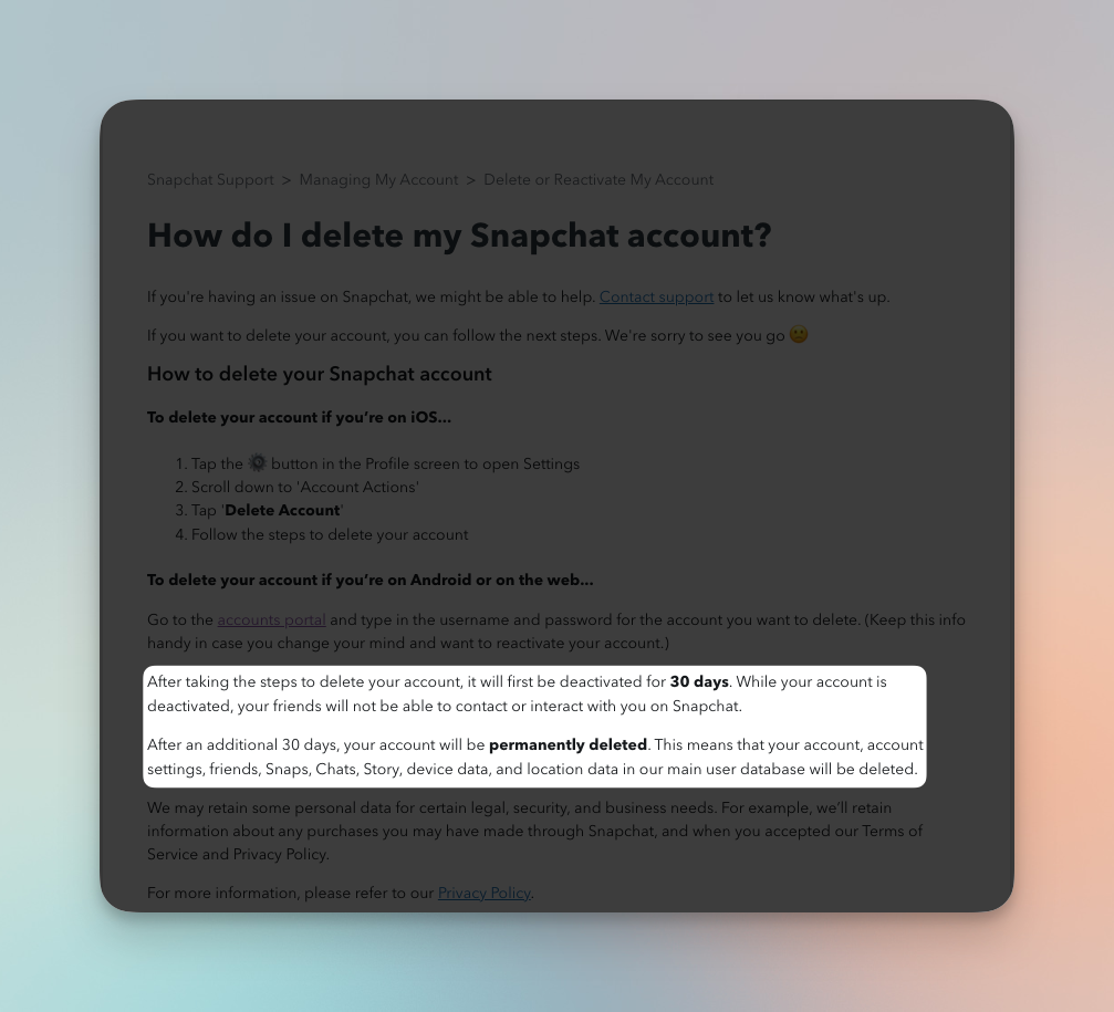 Remote.tools highlights a section from Snapchat help document. It says that a snapchat user has 30 days before the profile will be deleted and then they cannot recover snapchat messages