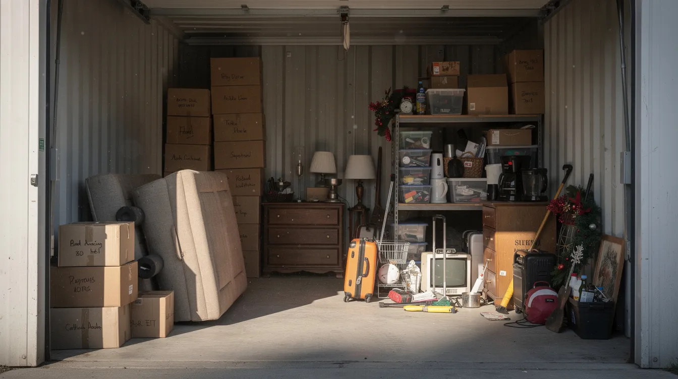 Cluttered storage unit packed with stacked cardboard boxes, furniture, and household items