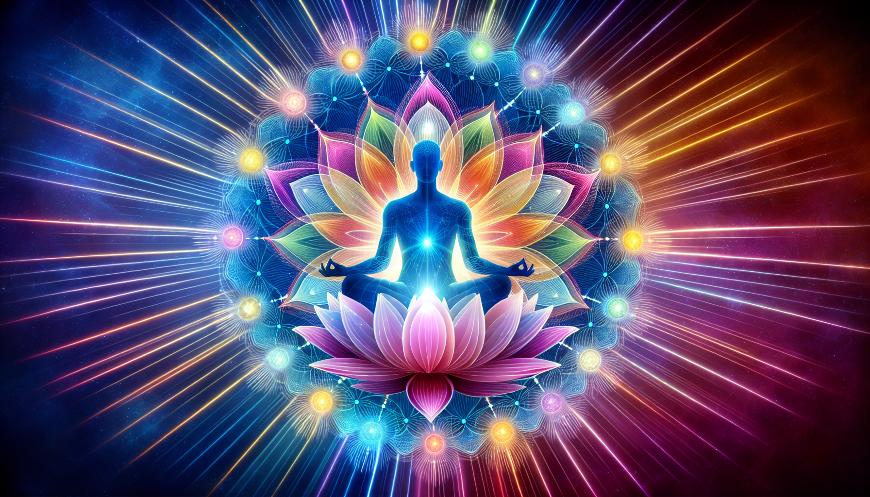 Illustration of a person meditating and surrounded by auras and energy