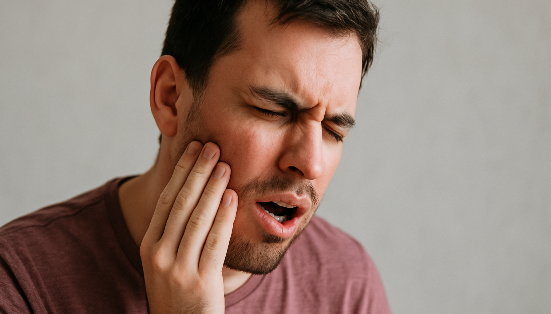 Mann med lukkede øyne og åpen munn holder hånden mot kjeven i smerte, tydelig preget av tannverk i visdomstann.