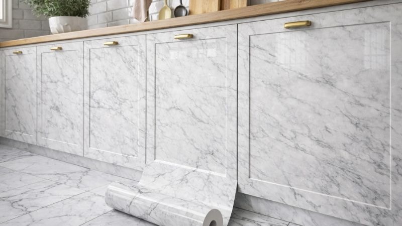 Installation of marble wrap on kitchen cabinets