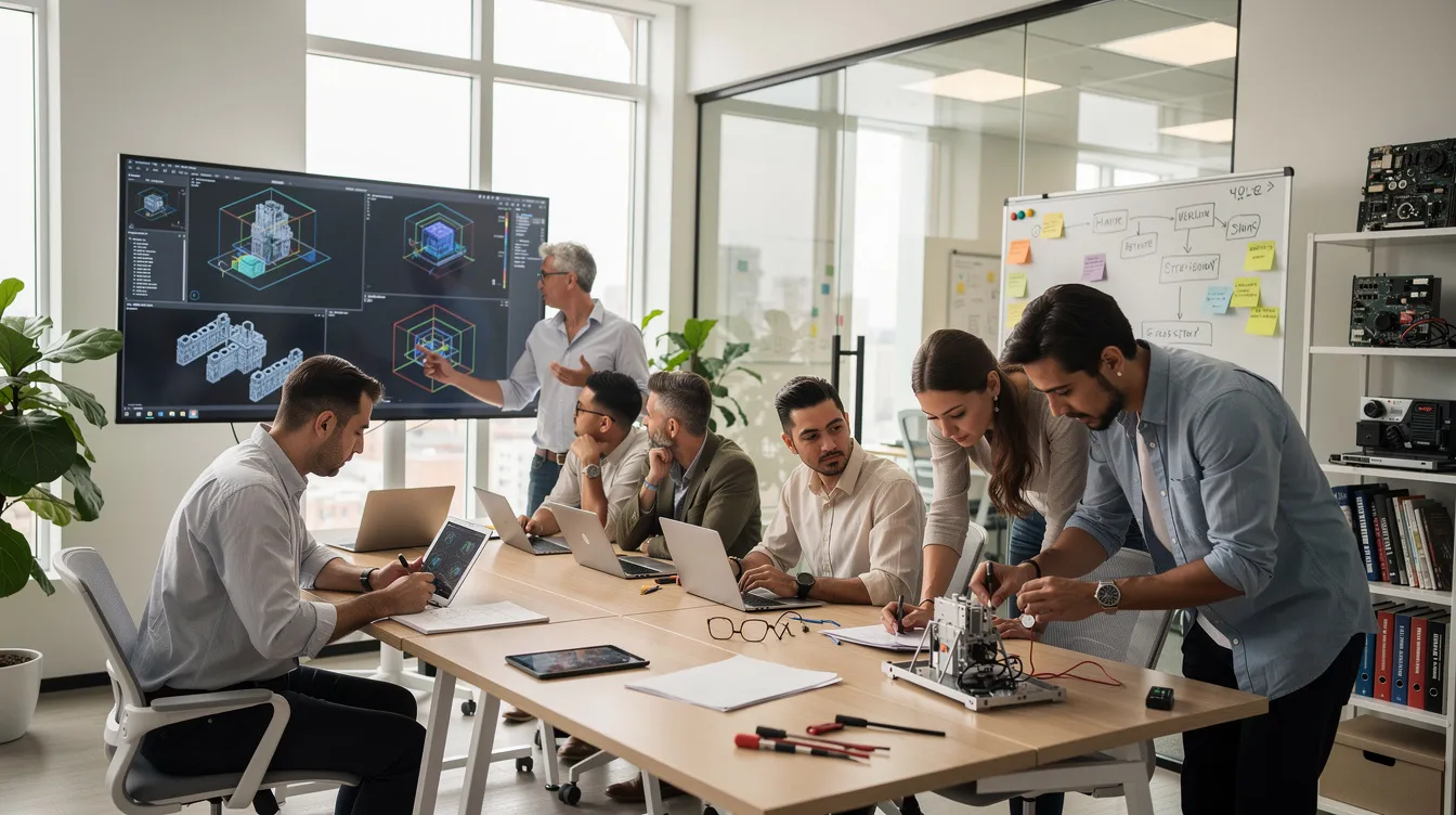 A diverse team of engineers is collaborating on product development in a modern workspace, surrounded by laptops and whiteboards filled with ideas. They are focused on creating a new or improved product, highlighting the importance of qualified research activities and tax incentives in their innovative process.