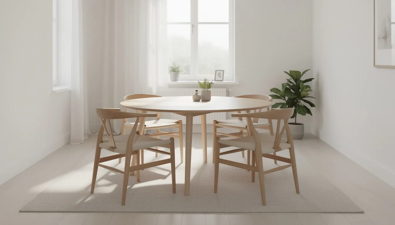 Ett ljust skandinaviskt matrum med ett runt ekbord som har plats för fyra stolar. Bordet, som är gjort av massivt trä, skapar en inbjudande atmosfär i hemmet och är perfekt för familjemåltider.