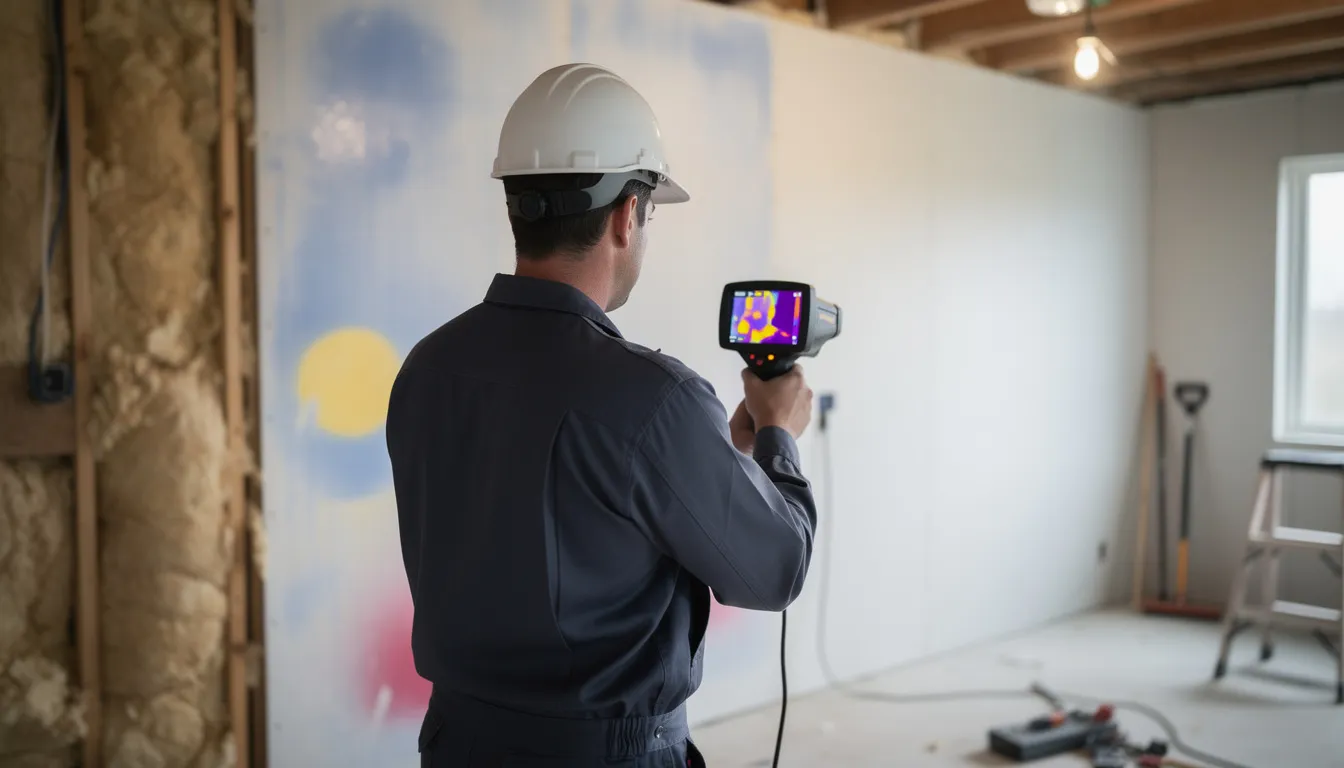 A technician is using an infrared camera to detect hidden moisture behind drywall, an essential step in the water damage restoration process to identify potential mold growth and prevent further damage. This professional is equipped with commercial grade equipment to ensure effective water mitigation and restoration in affected areas.