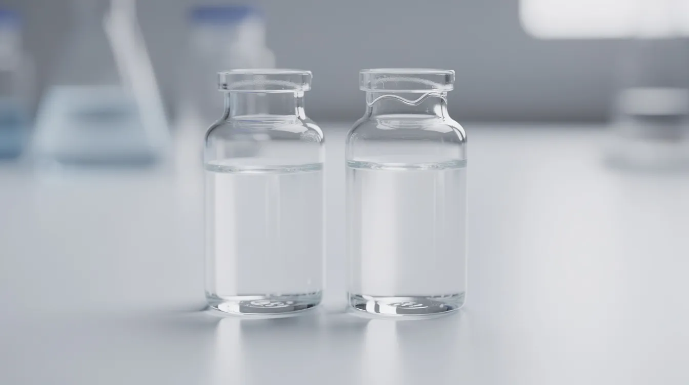 The image features two clear vials containing ethylene glycol and propylene glycol, showcasing the distinct chemical compounds used in various applications such as antifreeze formulations and heat transfer fluids. Both vials are visually similar, highlighting the differences in their viscosity and toxicity, with ethylene glycol being considered toxic while propylene glycol is known for its lower toxicity and use in food and personal care products.