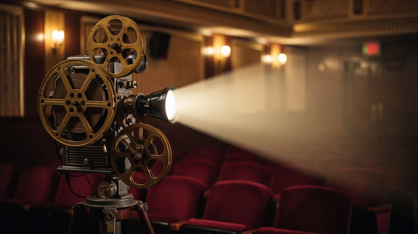 The image features a vintage cinema projector bathed in warm lighting, set against the backdrop of a classic movie theater. This nostalgic scene evokes the rich history of film and art, reminiscent of Spain's influential contributions to visual arts and its vibrant cultural traditions.