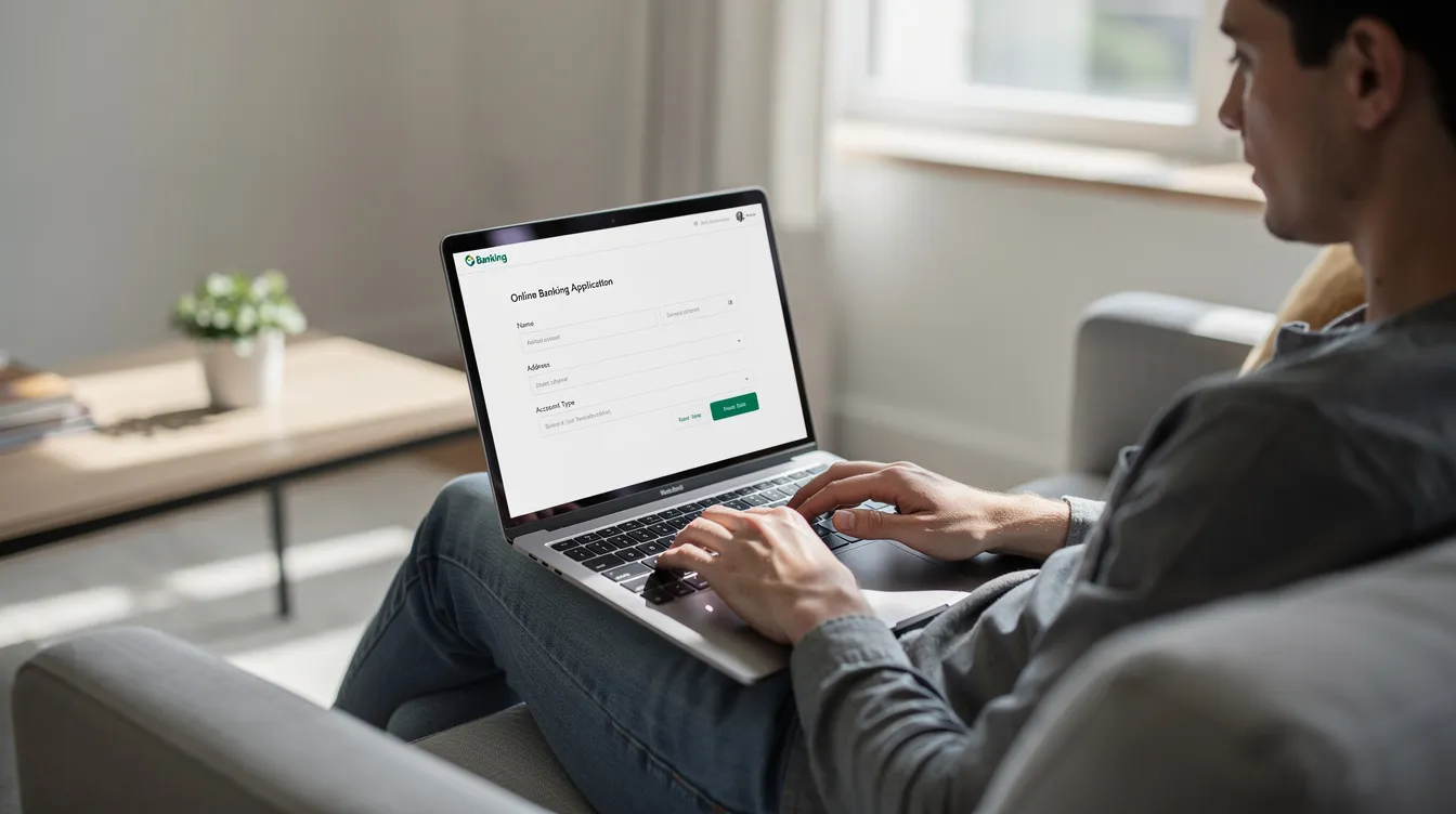 A person is sitting comfortably on a couch, focused on their laptop as they fill out an online banking application form for the Bank Alfalah Roshan Digital Account. The scene captures the convenience of using digital banking services from home.