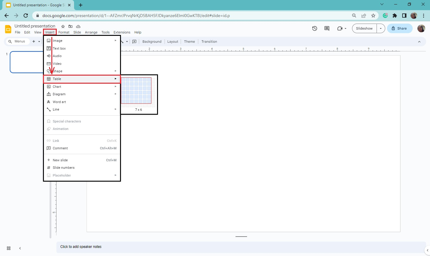 Go to "Insert" menu bar and click "table." Then select a 7*6 dimension for your calendar template