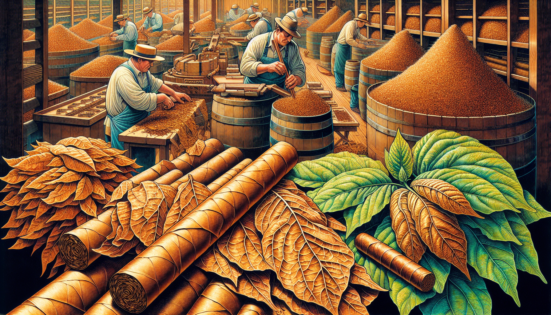 An artistic representation of the cigar crafting process, focusing on the My Father Connecticut cigars.