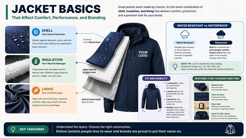 Jacket construction diagram showing shell, insulation, and lining layers.